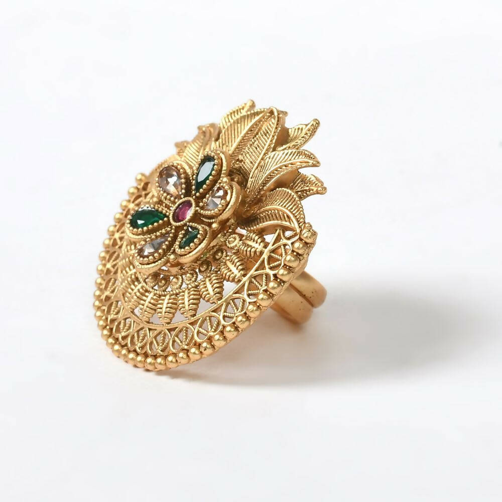 Mominos Fashion Joharkamal Gold-Polished Stone Studded Adjustable Finger Ring - Design 17 | Swadesiicart