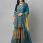 FIORRA Women's Tuquise Pure Cotton Flared Kurta & Sharara With Dupatta - Swadesiicart