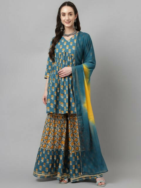 FIORRA Women's Tuquise Pure Cotton Flared Kurta & Sharara With Dupatta - Swadesiicart