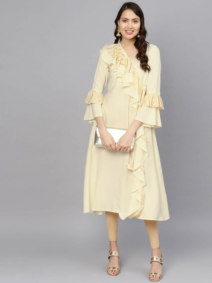 Ahalyaa Cream Crepe Angarkha Style Ruffled Kurta For Women | Swadesiicart