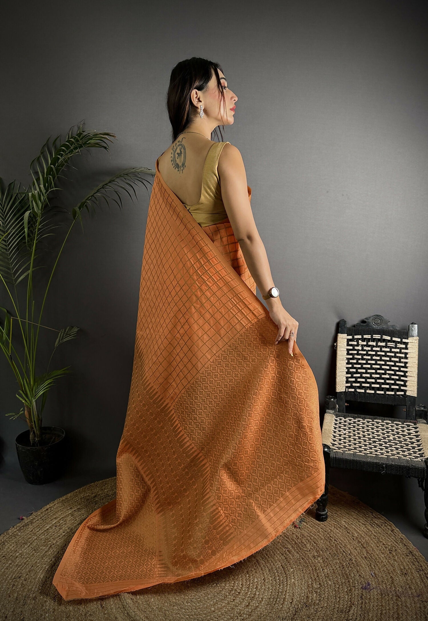 Joban Fashion Orange Banarasi Soft Lichi Silk Checks & Woven Saree | Swadesiicart