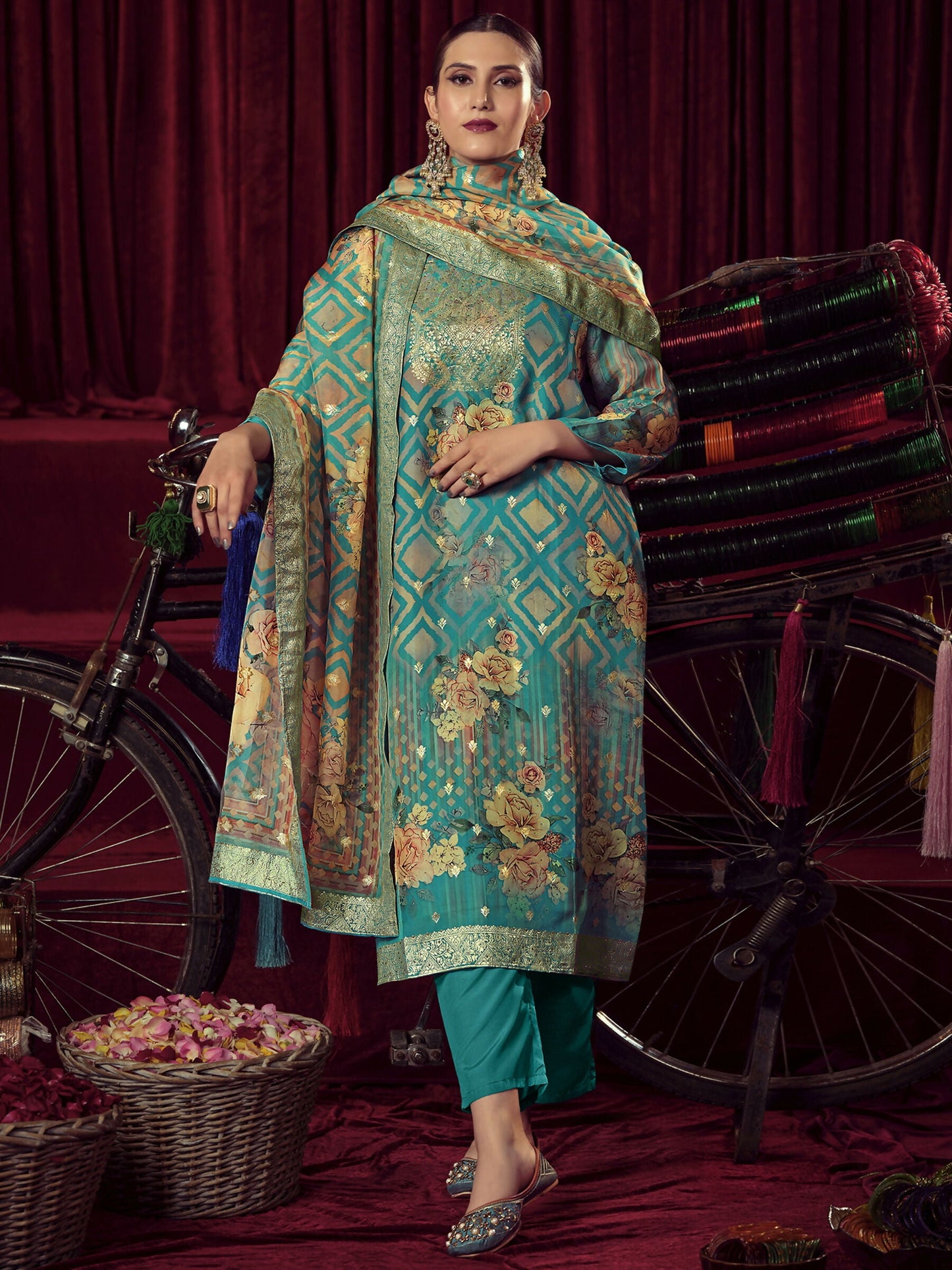 Jyoti Fashion Women's Turquiose Organza Jacquard Woven Kurta with Trouser & Dupatta | Swadesiicart