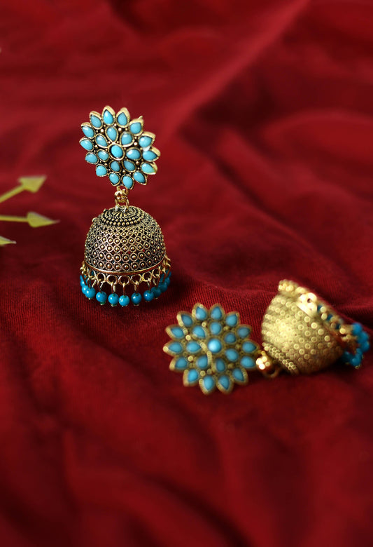 Mominos Fashion Johar Kamal Beautiful Kundan Work Jhumka With Sky Blue Beads - Swadesiicart