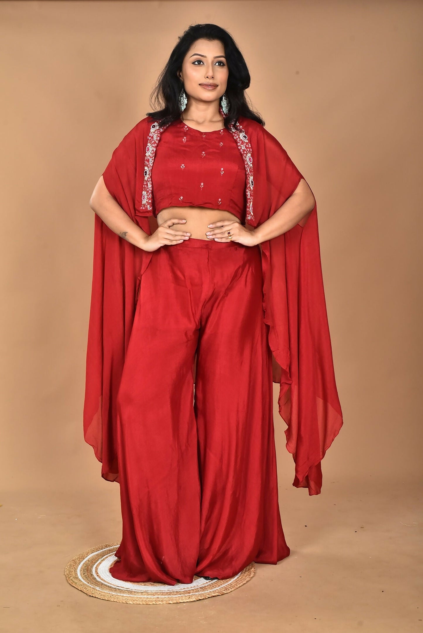 Morchari Women And Hand Embroidery Palazzo Set-Maroon - Swadesiicart