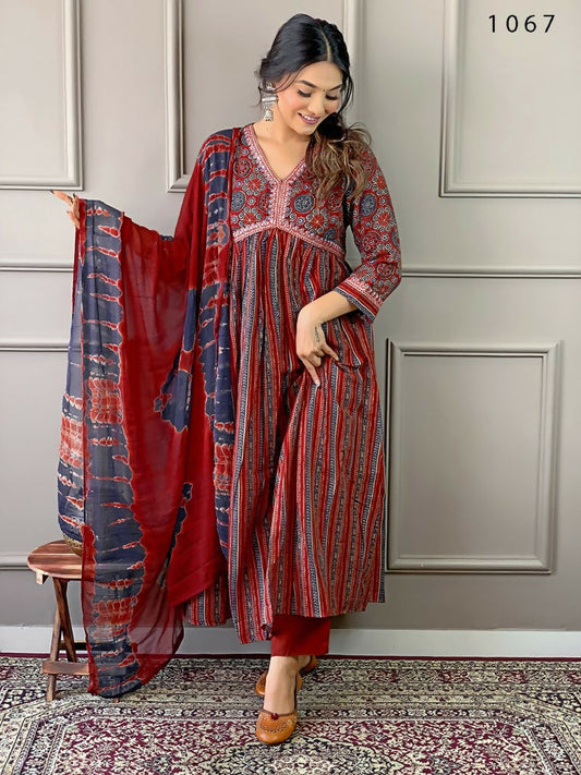Partywear Designer Cotton Maroon Stitched Suit With Dupatta - Tanisha | Swadesiicart