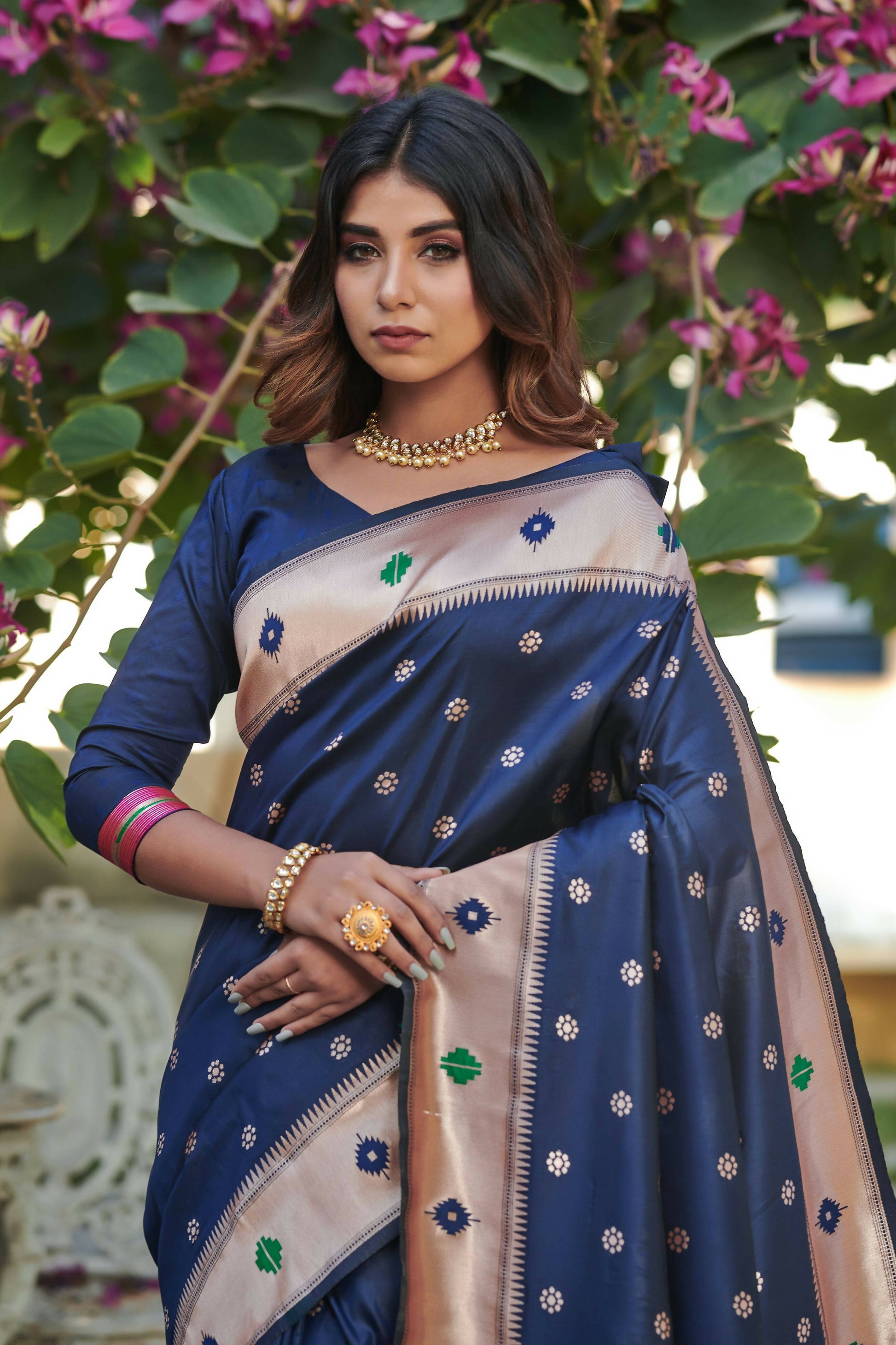 Vishnu Weaves Women's Blue Banarasi Silk Zari Woven Paithani Saree with Unstitched Blouse - Swadesiicart