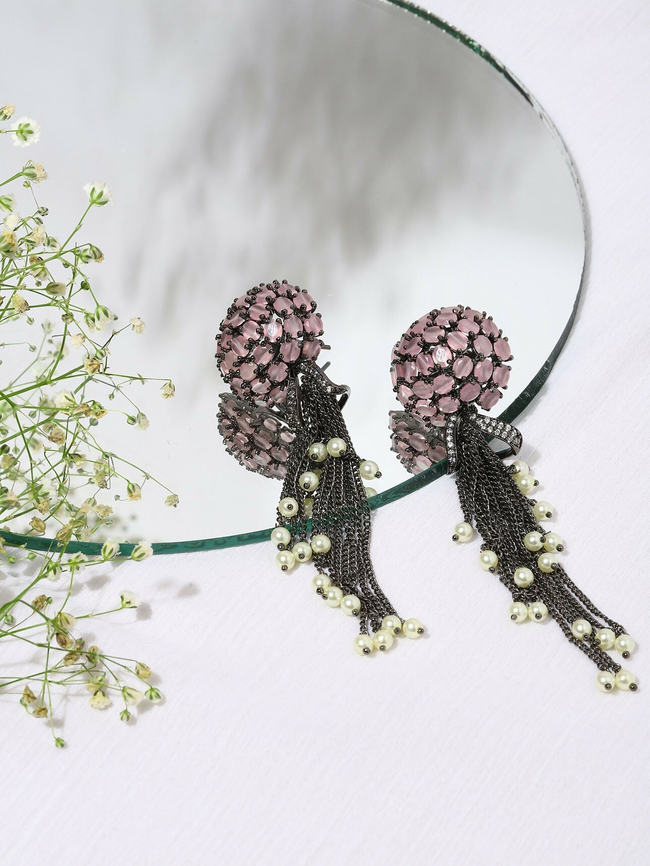Blush Purple Stone Earrings with Pearls- Ruby Raang | Swadesiicart