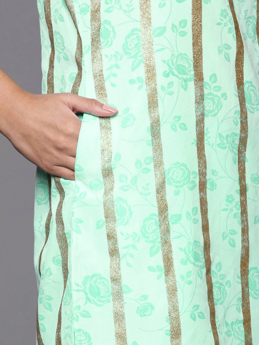 Ahalyaa Blue & Gold Floral Printed & Striped Straight Kurti with Sharara | Swadesiicart