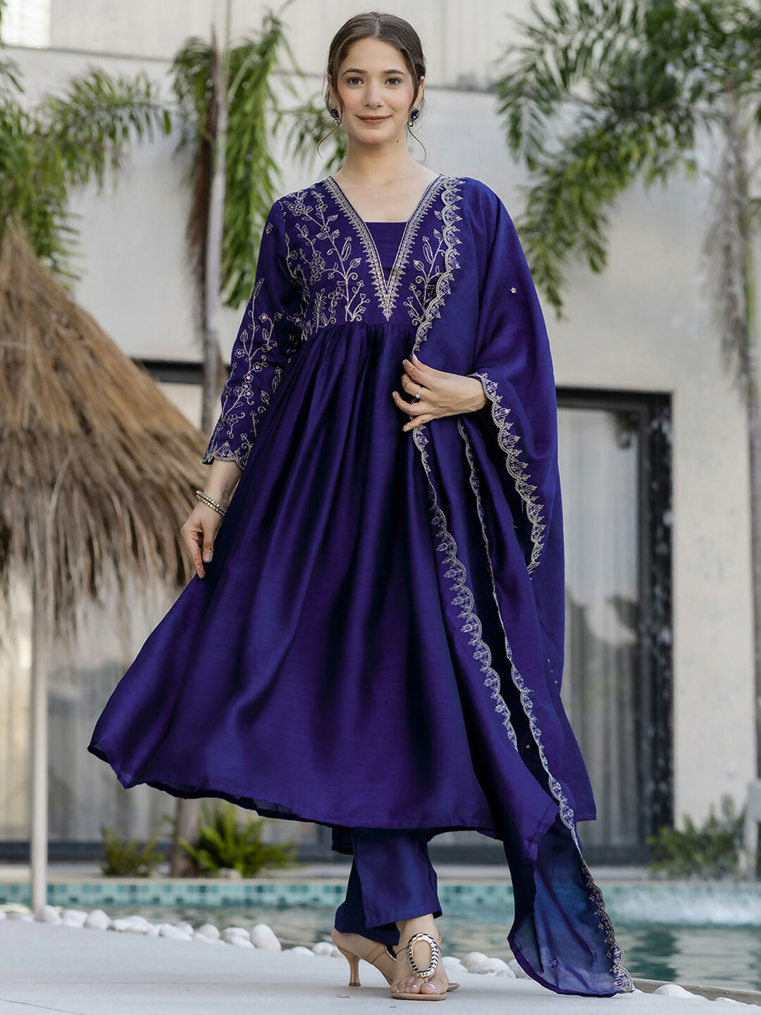 The52 Blue Women's Beautiful Embroidered Vichitra Silk Fabric with Flared Kurta, Pant and Dupatta Set - Swadesiicart