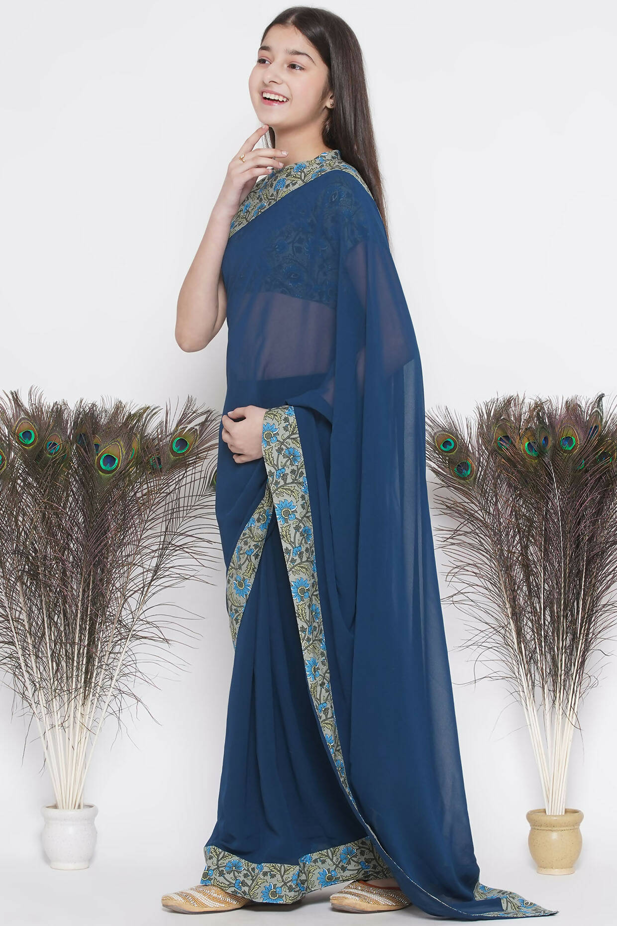 Little Bansi Floral Print Ready To Wear Saree And Floral Blouse - Blue | Swadesiicart