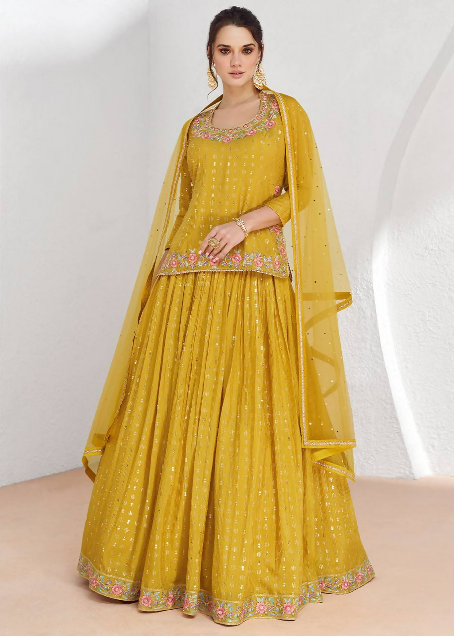 Lorenvalley Fashion Yellow Chinon Embroidery with Sequince Work Salwar Lehenga Stitched | Swadesiicart