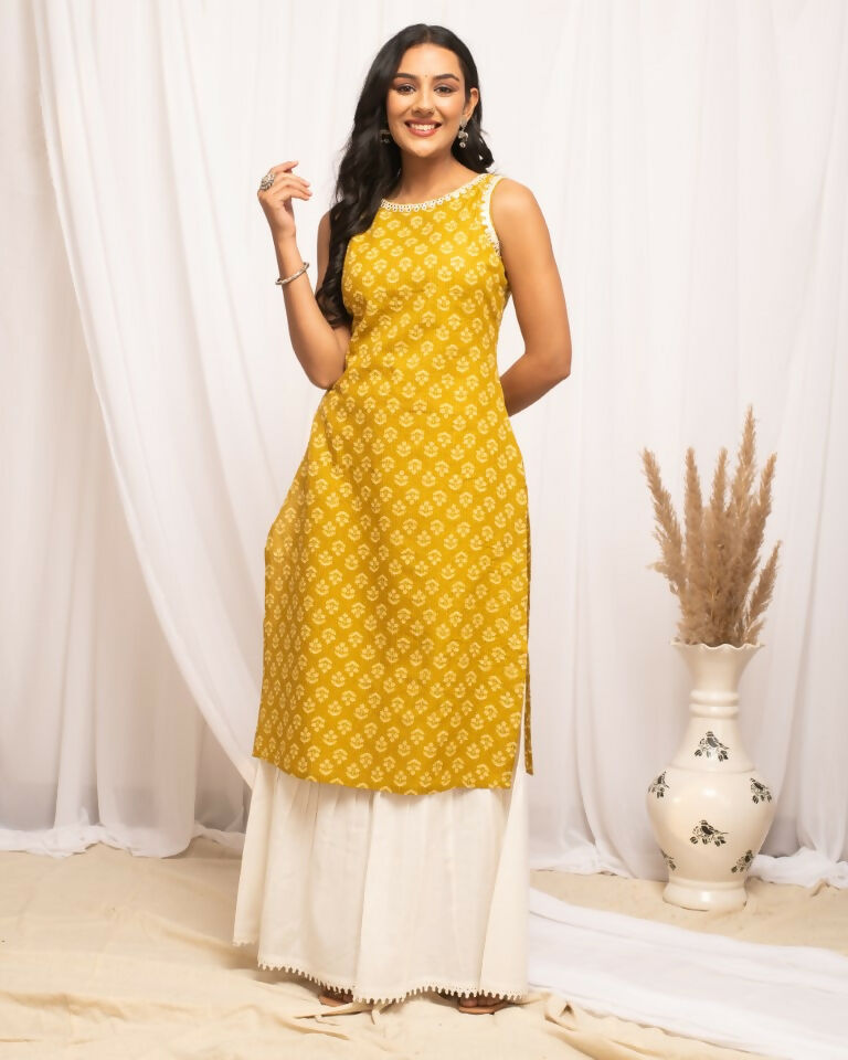 FIORRA Women's Floral Printed Yellow Cotton Straight Kurta - Swadesiicart