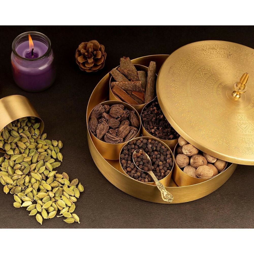 Akshata 06 Hand Etched Brass Spice Box Set for Kitchen with Spoon (7 Containers) - Swadesiicart