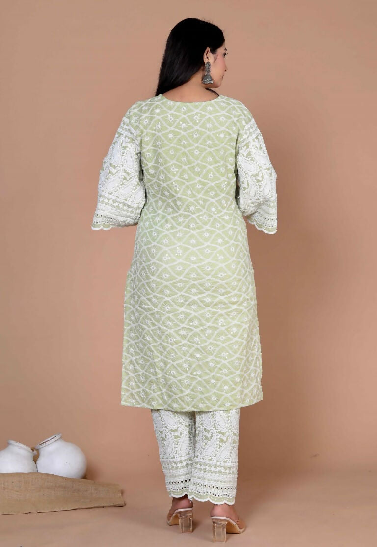 Miravan Women's Green Embroidery Chikankari Kurta And Palazzo | Swadesiicart