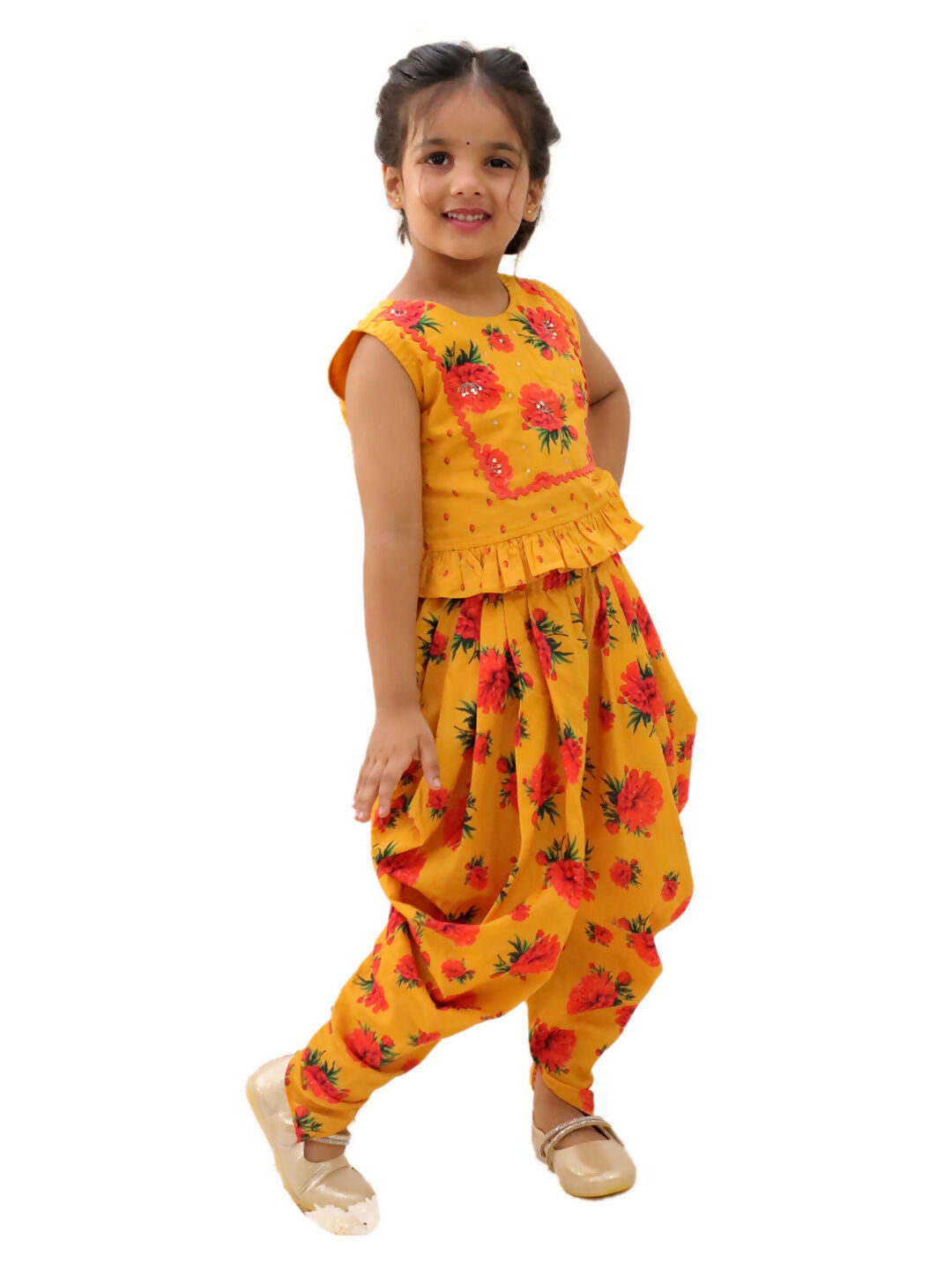 Lil Drama Genda Phool Mustard Crop Top and Dhoti Set For Girls | Swadesiicart