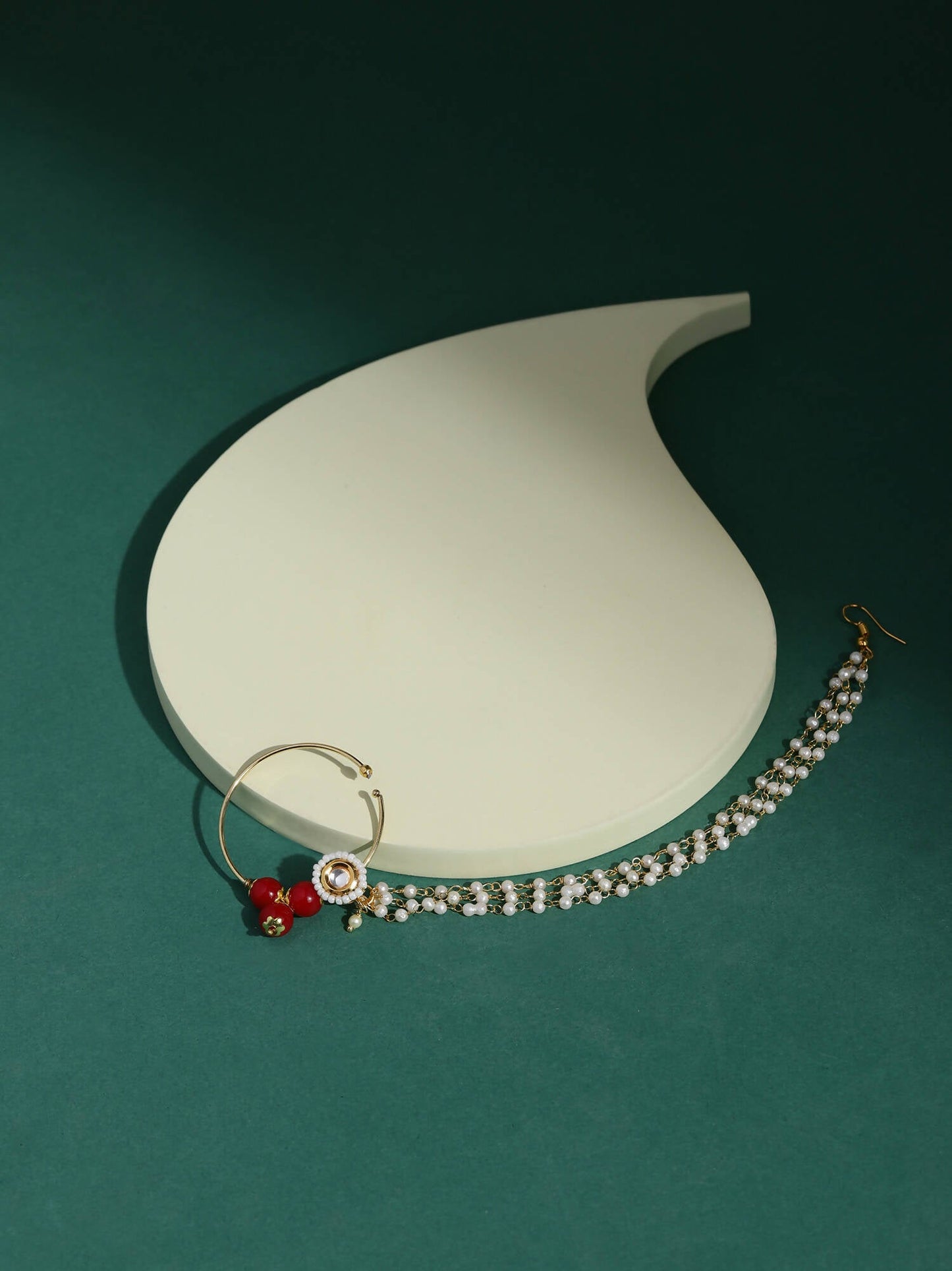 White Red Gold-Polished Kundan-Studded Beaded Nosepin - Ruby Raang | Swadesiicart
