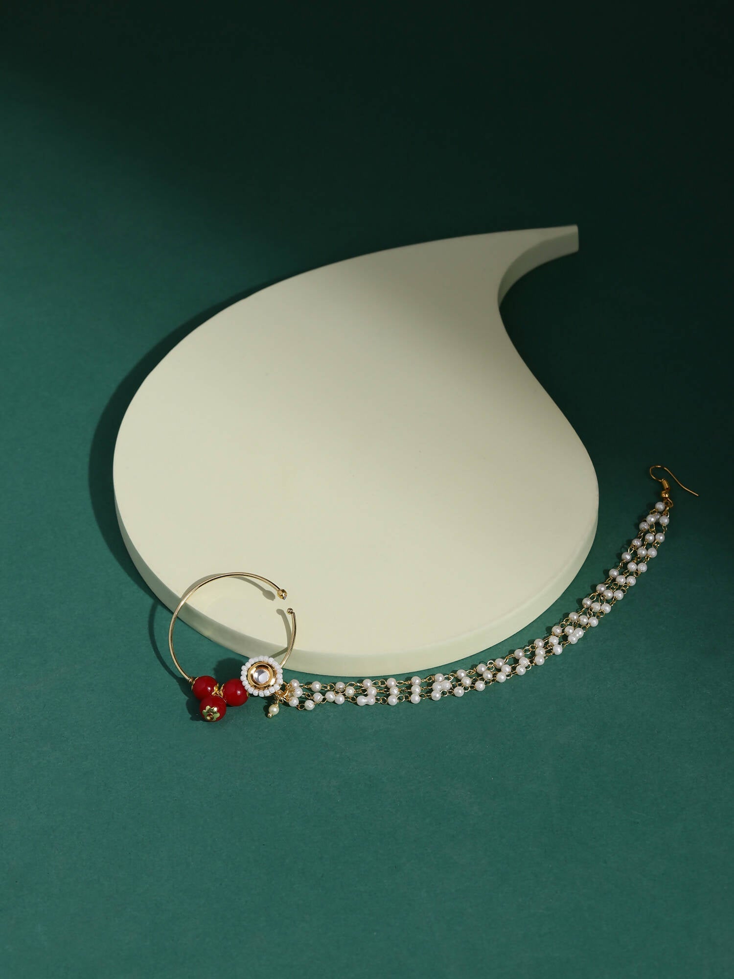 White Red Gold-Polished Kundan-Studded Beaded Nosepin - Ruby Raang | Swadesiicart