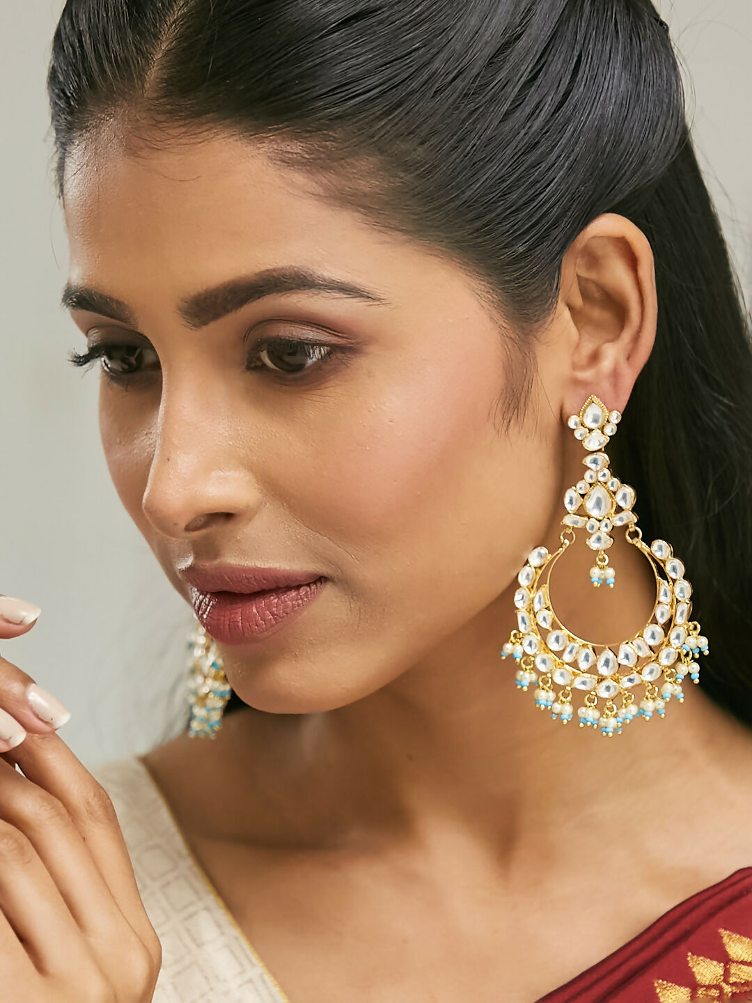 Nuyug 22K Gold-Plated Kundan Stone Studded & Pearl Beaded Chandbalis | Swadesiicart