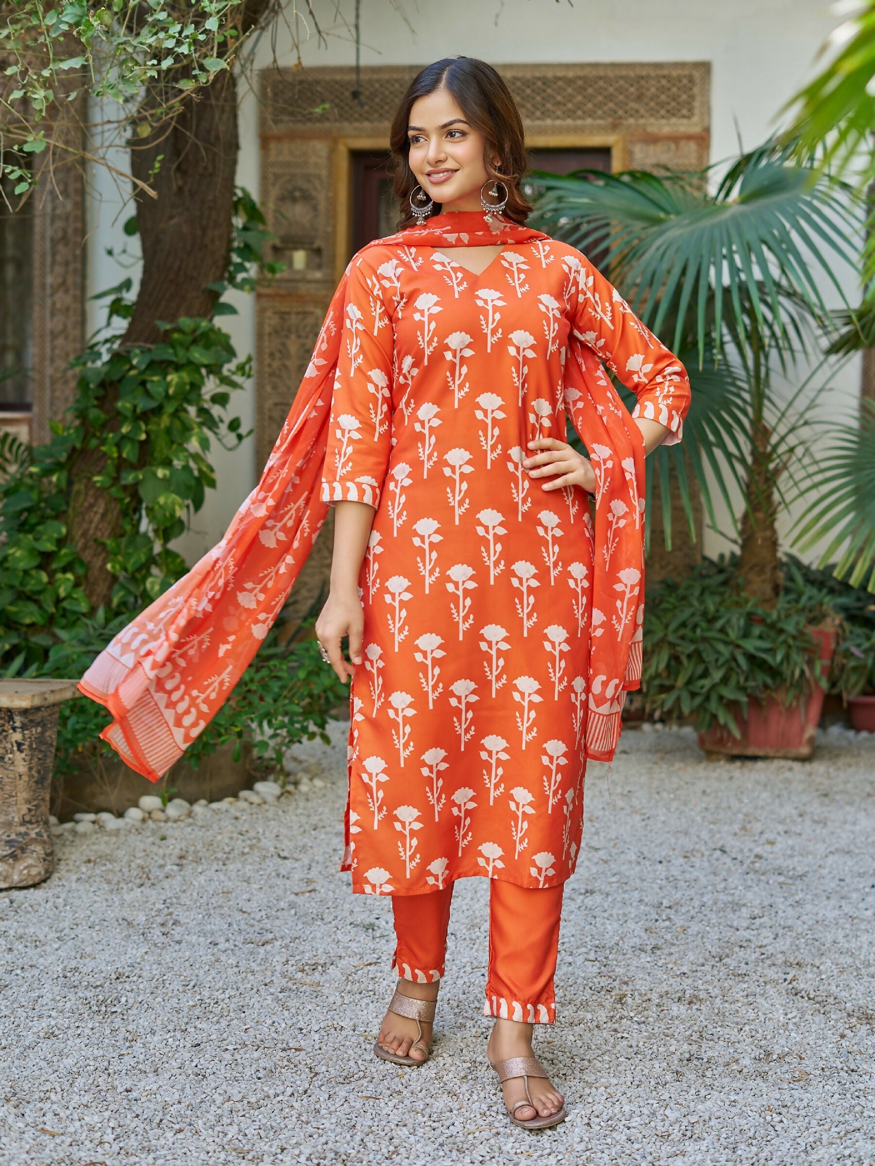 The52 Orange Women's Beautiful Cotton Blend Fabric Printed Work Straight Kurta, Pant and Dupatta Set - Swadesiicart