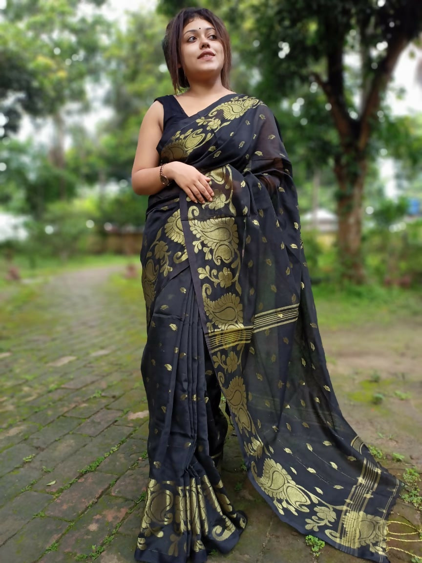 Exclusive Collection Black Beautiful Cotton Silk Saree - Swadesiicart