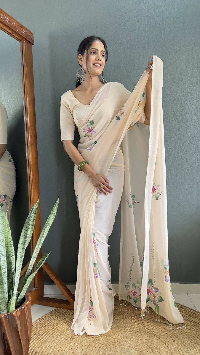 Aayaa Designer 1 min Hand Painted Ready to Wear saree - Off White | Swadesiicart
