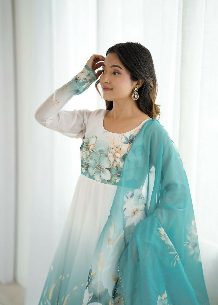 Joban Fashion Aqua Blue Kurta Set Organza Sequin Embroidery Work - Swadesiicart