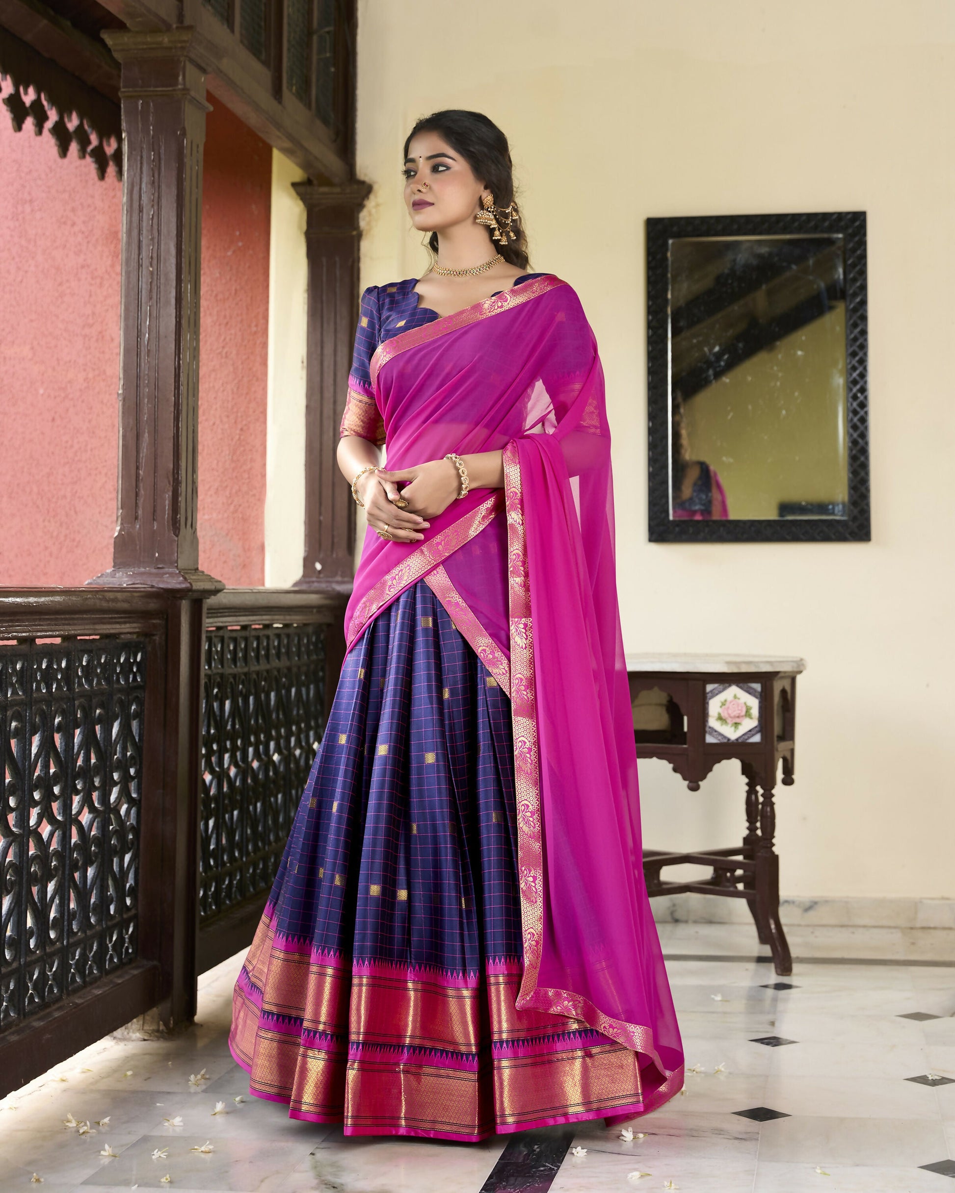 Lorenvalley Navyblue Cotton Silk Weaving Work With Paithani Concept Lehenga Choli | Swadesiicart