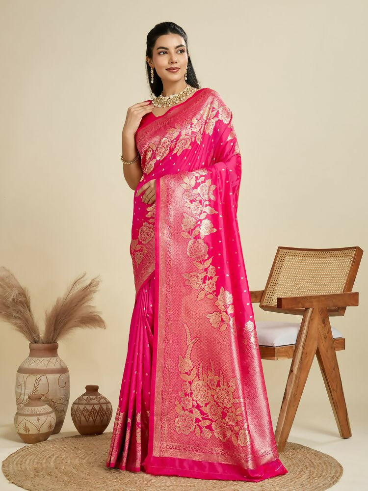 Vishnu Weaves Women's Pink Banarasi Silk Zari Woven Saree with Blouse - Swadesiicart