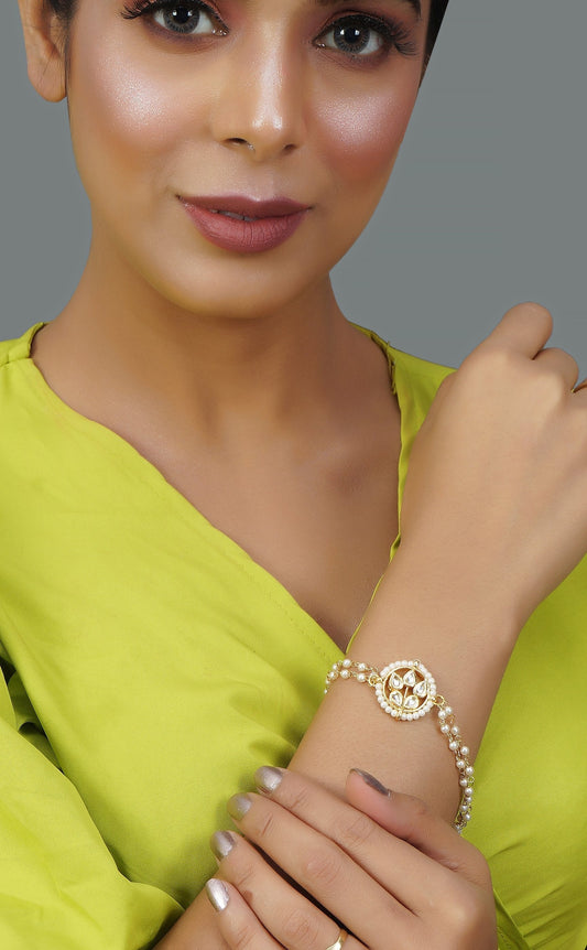 Peryl Women's Green White Gold Tone Kundan Bracelet - Swadesiicart