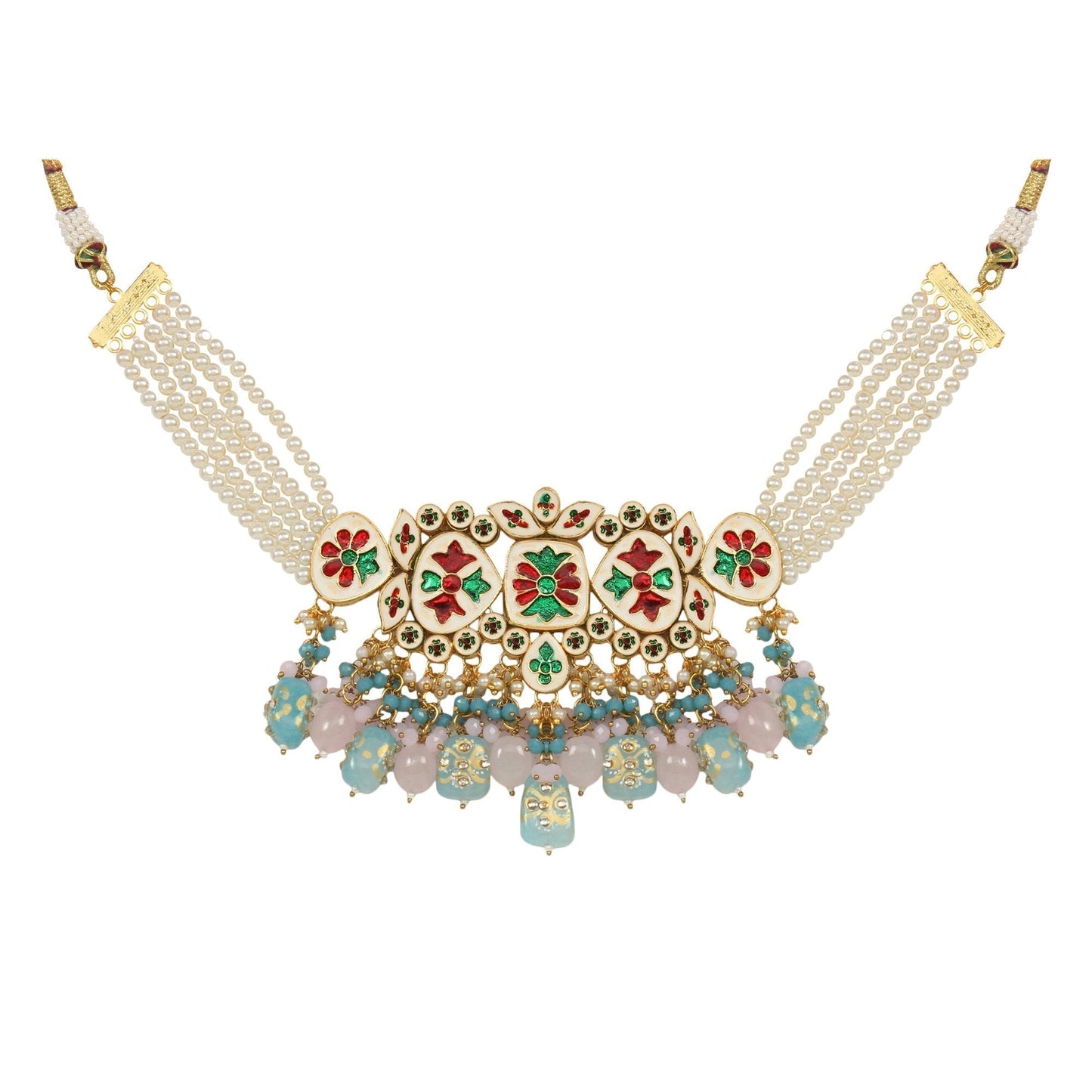Peryl Women's Pastel Blue And Pink Tanjore Beaded Handcrafted Kundan Necklace With Earrings - Swadesiicart