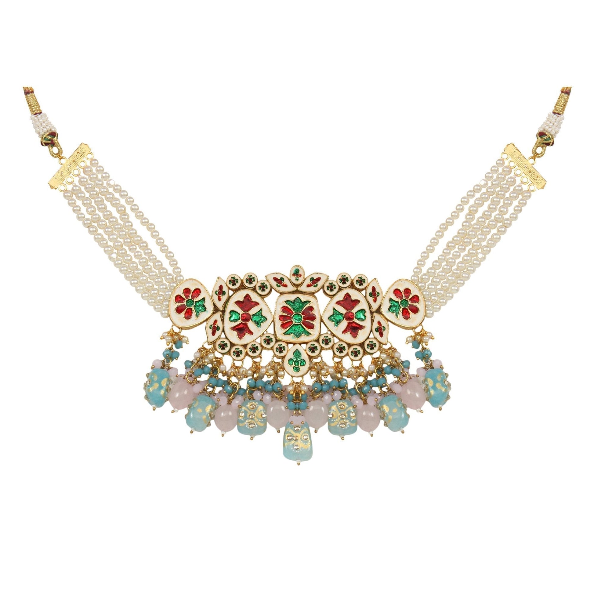 Peryl Women's Pastel Blue And Pink Tanjore Beaded Handcrafted Kundan Necklace With Earrings - Swadesiicart