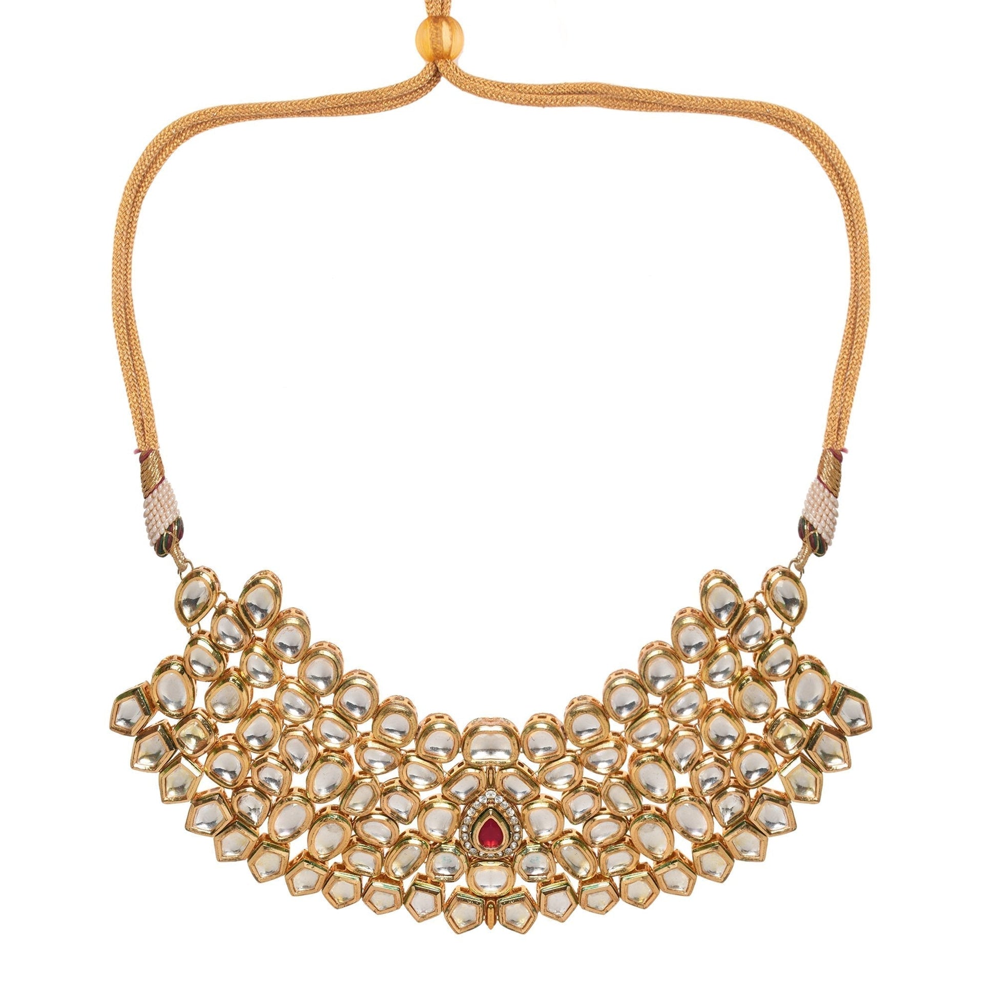 Peryl Women Gold Toned Kundan Necklace With Earrings(2 Pc Set) - Swadesiicart
