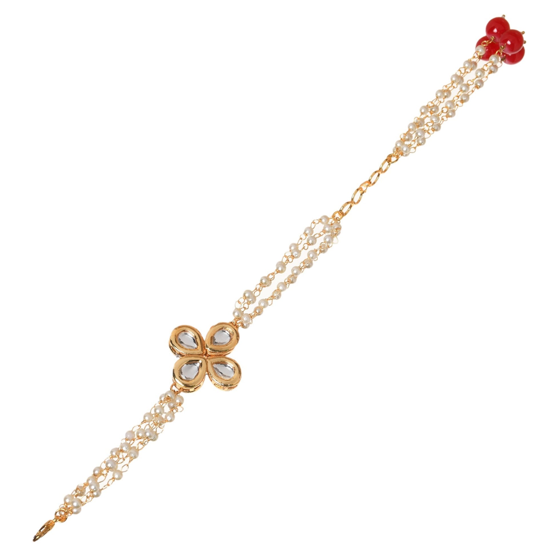 Peryl Women's Red & White Gold Tone Kundan Bracelet - Swadesiicart