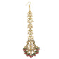 Peryl Women's Pink Green Gold Tone Kundan Inspired Maang Tikka With Earrings - Swadesiicart
