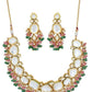 Peryl Women's Pink Green Gold Tone Kundan Necklace With Earrings - Swadesiicart