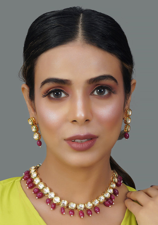 Peryl Women Gold Tone Kundan Necklace With Earrings(2 Pc Set) - Noz2Toz