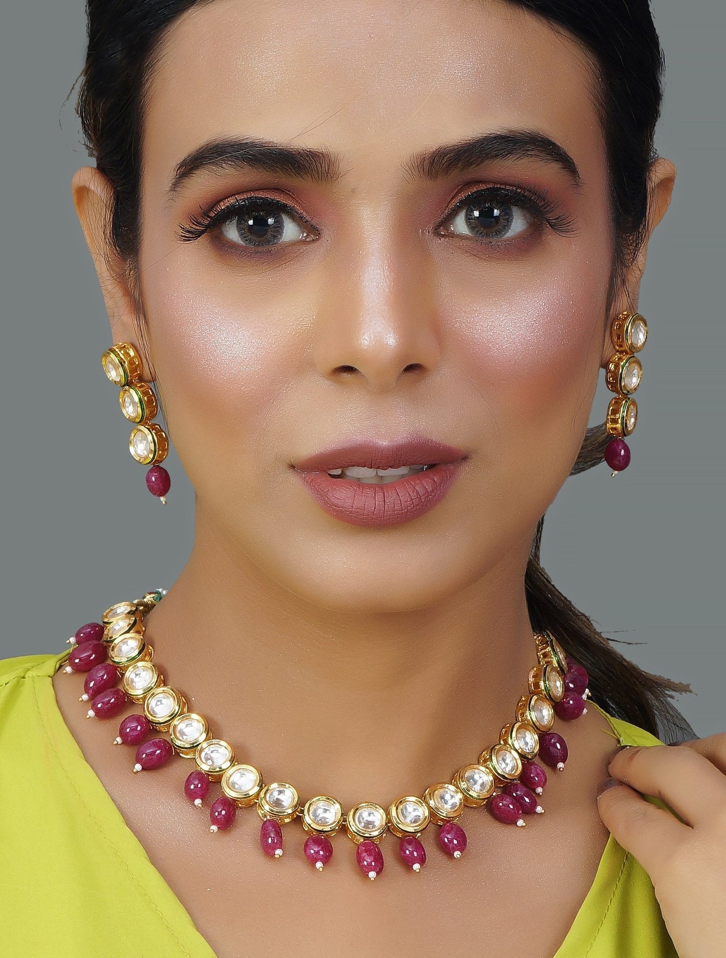 Peryl Women Gold Tone Kundan Necklace With Earrings(2 Pc Set) - Swadesiicart