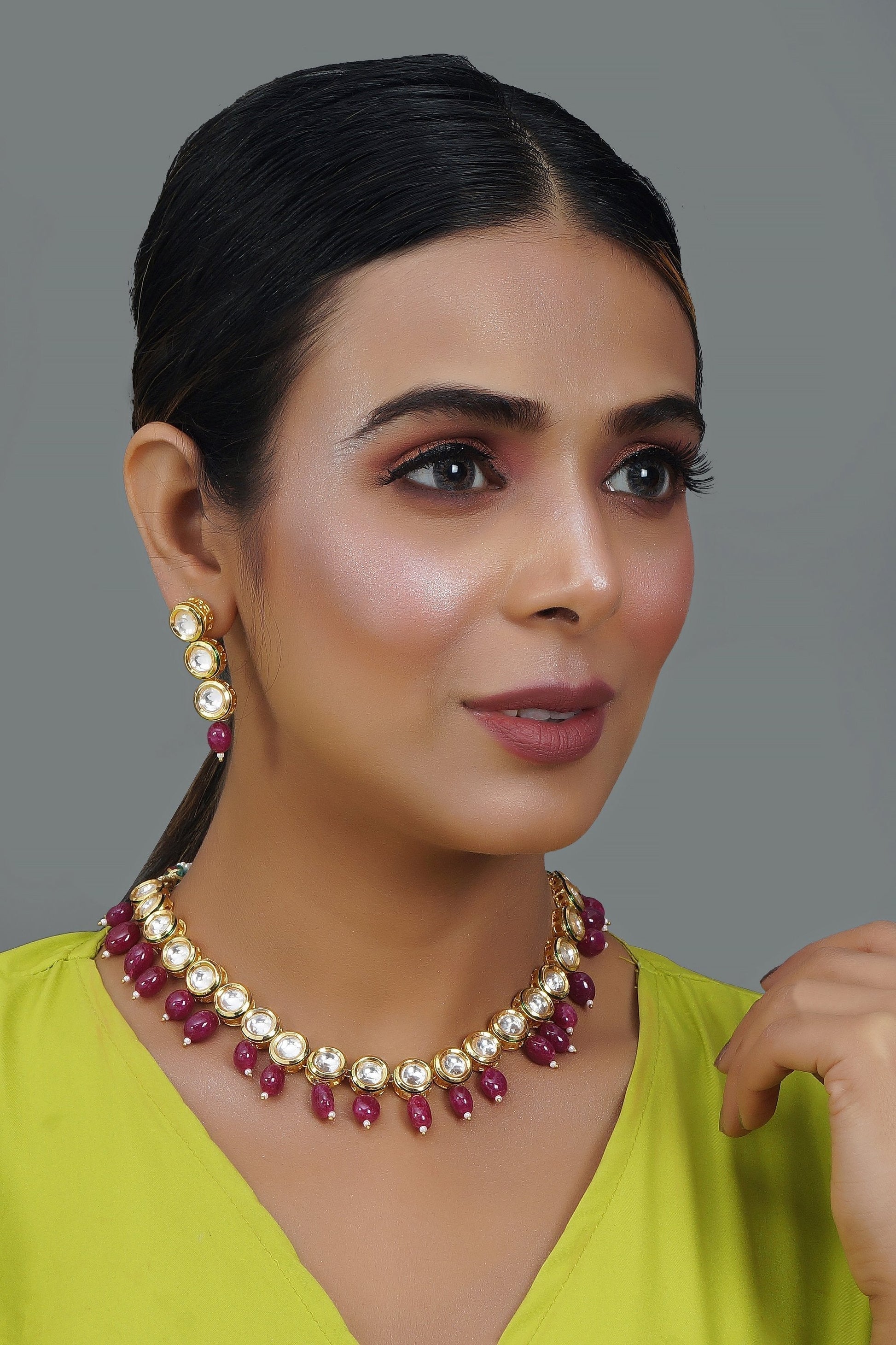 Peryl Women Gold Tone Kundan Necklace With Earrings(2 Pc Set) - Swadesiicart
