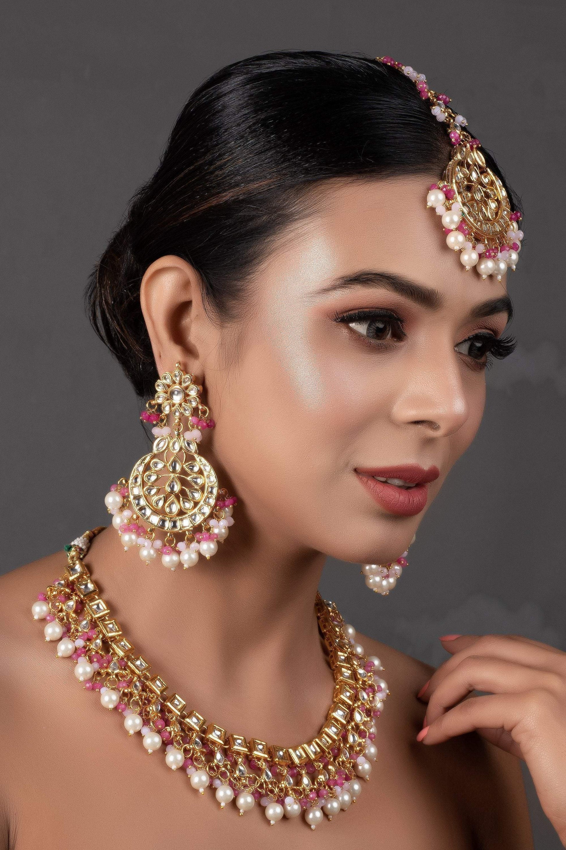 Peryl Women's Pearl & Pink Beaded Gold Tone Kundan Inspired Necklace With Earrings And Maang Tikka - Swadesiicart