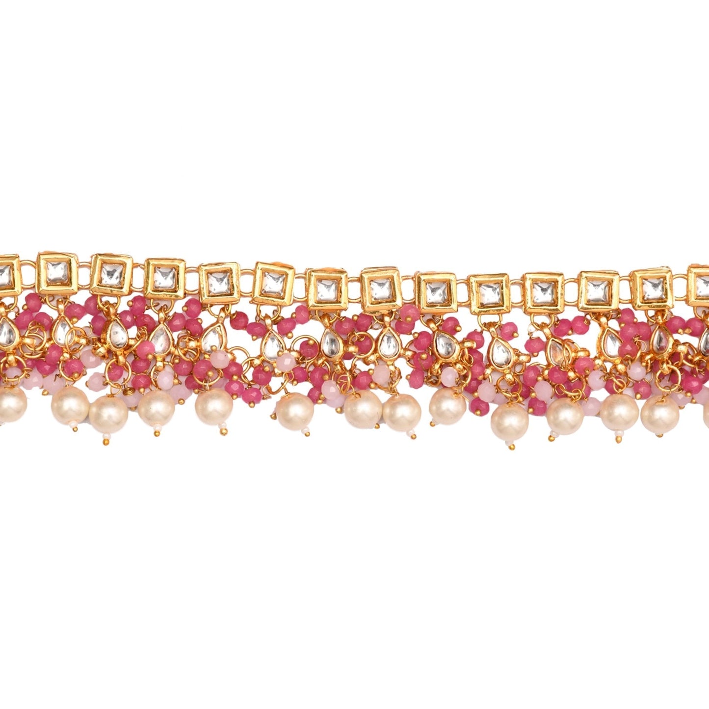 Peryl Women's Pearl & Pink Beaded Gold Tone Kundan Inspired Necklace With Earrings And Maang Tikka - Swadesiicart