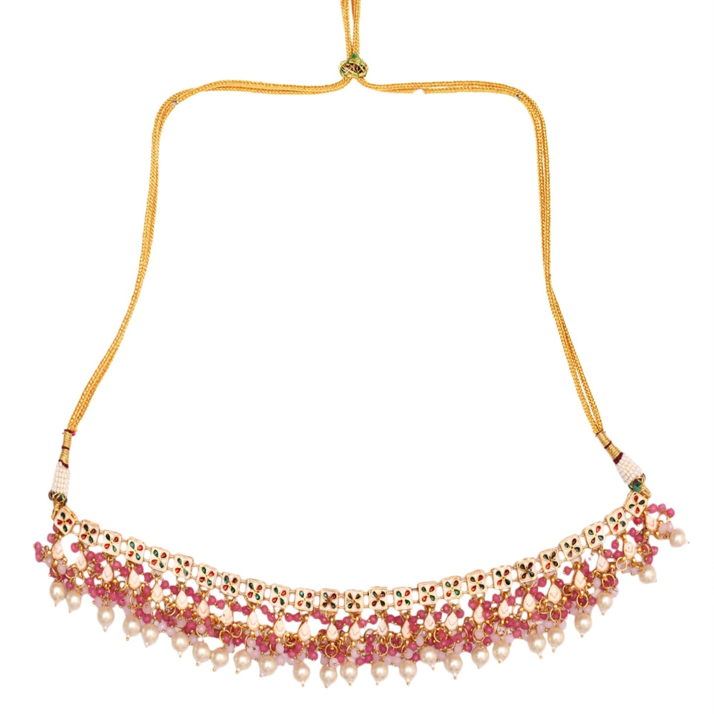 Peryl Women's Pearl & Pink Beaded Gold Tone Kundan Inspired Necklace With Earrings And Maang Tikka - Swadesiicart