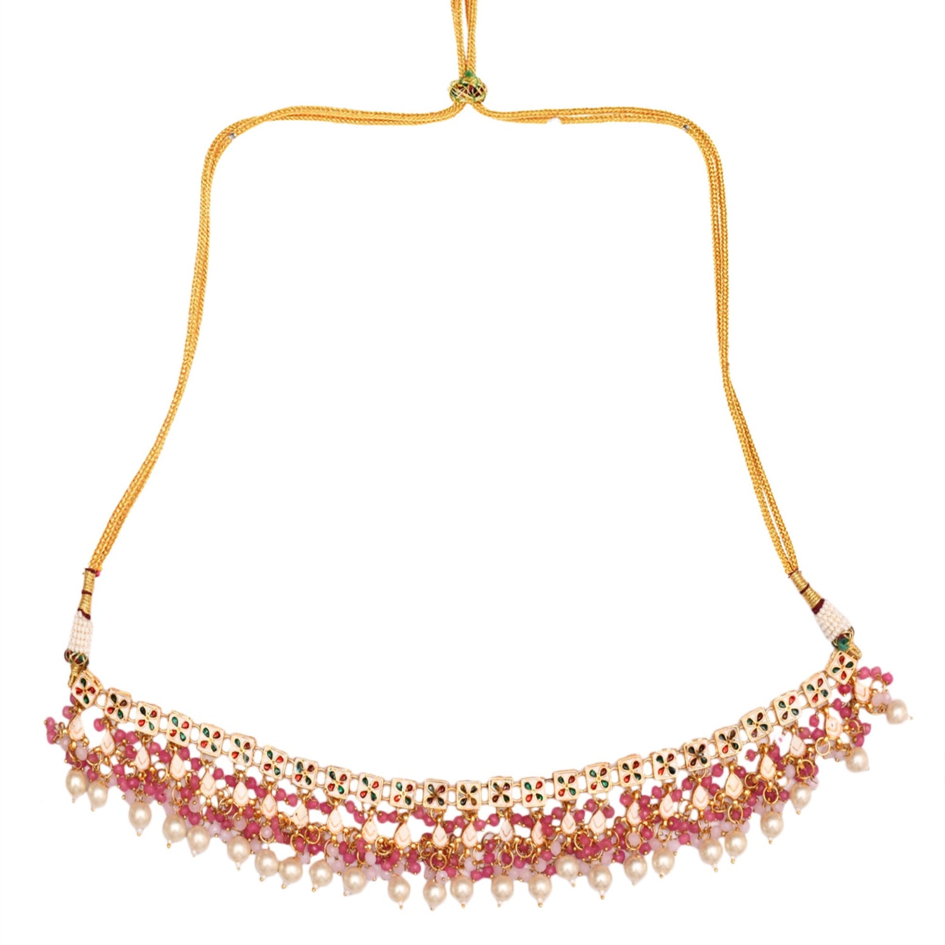 Peryl Women's Pearl & Pink Beaded Gold Tone Kundan Inspired Necklace With Earrings And Maang Tikka - Swadesiicart