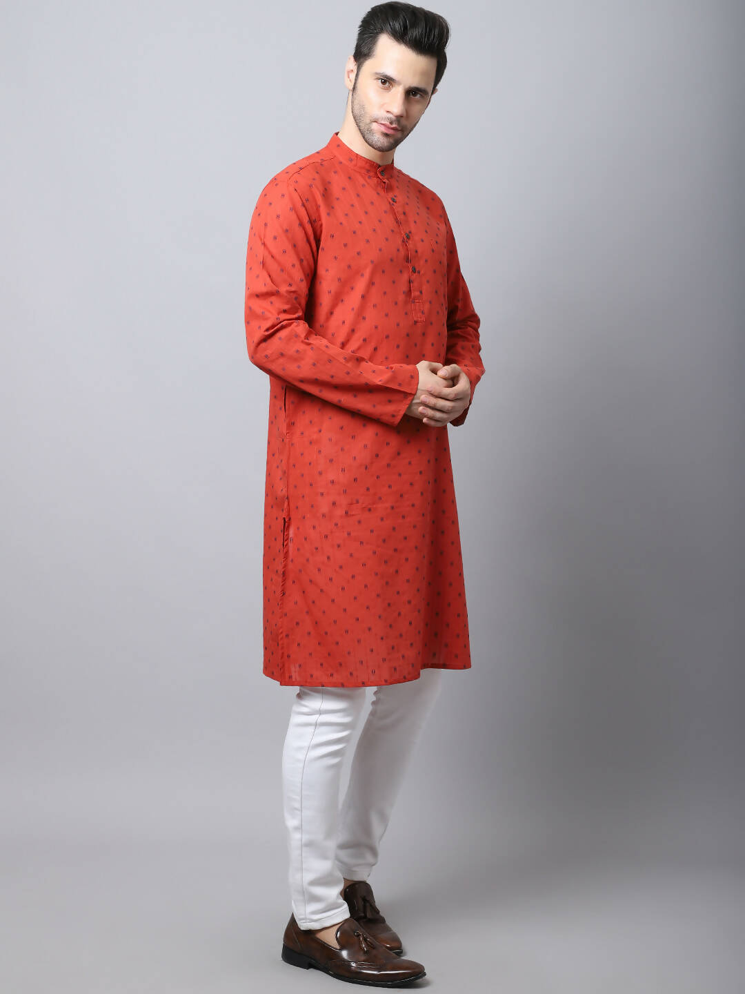 Even Apparels Red Pure Cotton Men's Kurta With Band Collar (CHK1167) | Swadesiicart
