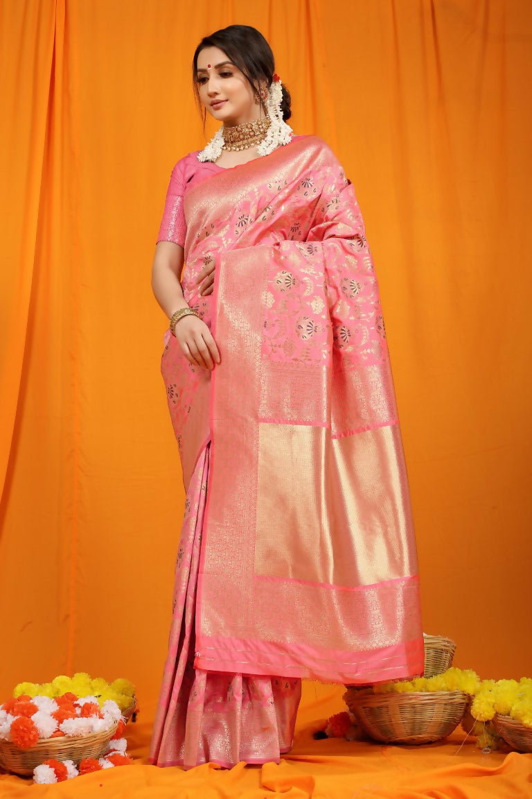 Jyoti Fashion Women's Pink Kanjivaram Silk Zari Woven Saree with Blouse | Swadesiicart