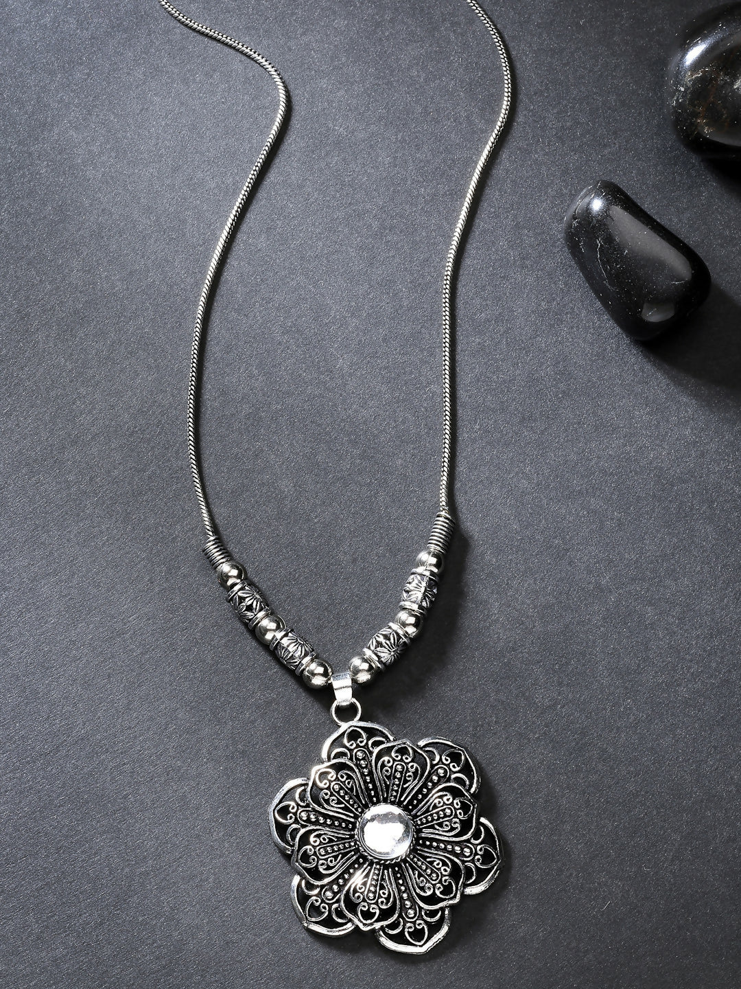 NVR Women's Silver-Toned Floral Shape Pendant with Chain | Swadesiicart