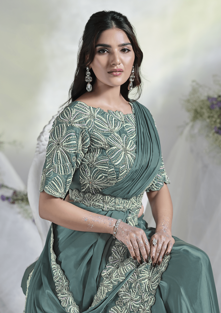Aqua Blue Crepe Satin Silk Designer Ready to wear saree with stithced Blouse - Mohmanthan Aura | Swadesiicart