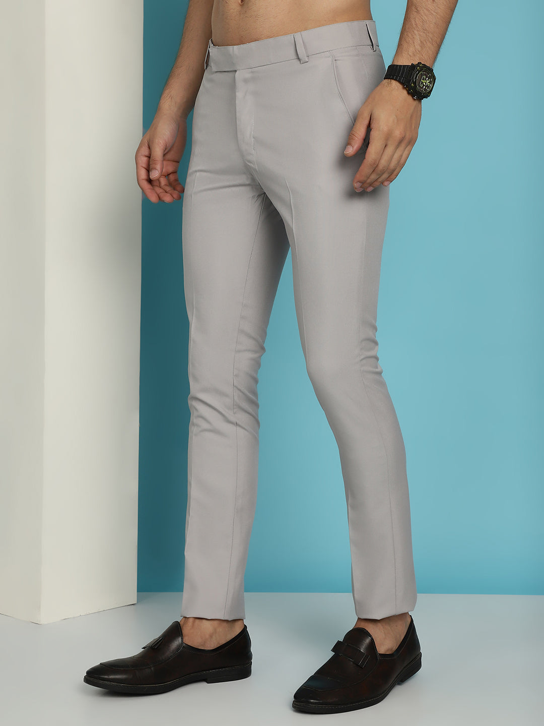 Indian Needle Men's Solid Cotton Formal Trousers - Light-Grey | Swadesiicart