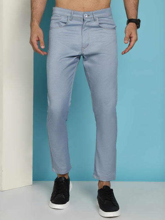 Indian Needle Men's Blue Solid Cotton Casual Trouser - Blue | Swadesiicart