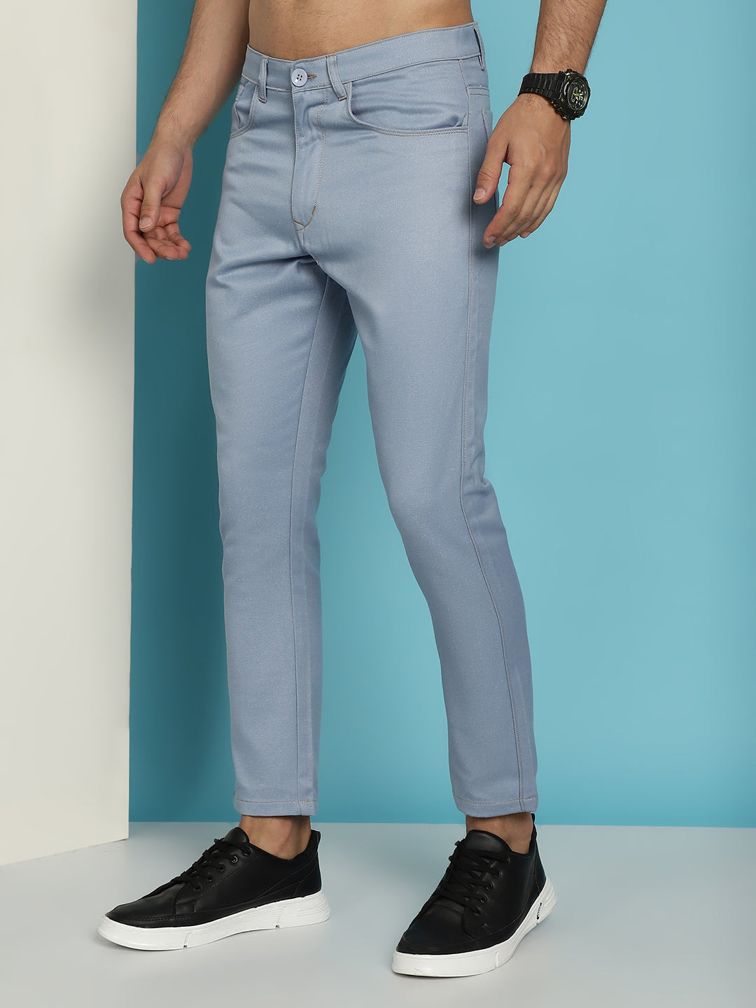 Indian Needle Men's Blue Solid Cotton Casual Trouser - Blue | Swadesiicart