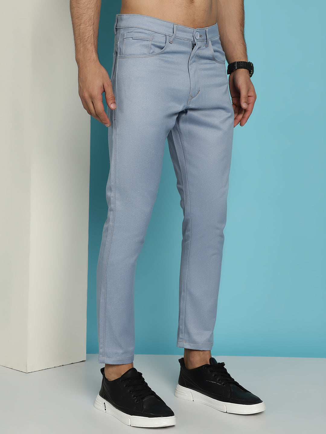 Indian Needle Men's Blue Solid Cotton Casual Trouser - Blue | Swadesiicart